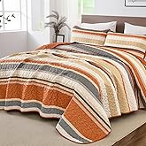 WONGS BEDDING Orange King Quilt, 3 Pieces Striped Pattern Bedspread Coverlet, Halloween Fall Quilts Bedding Set for Bed 110"×90"