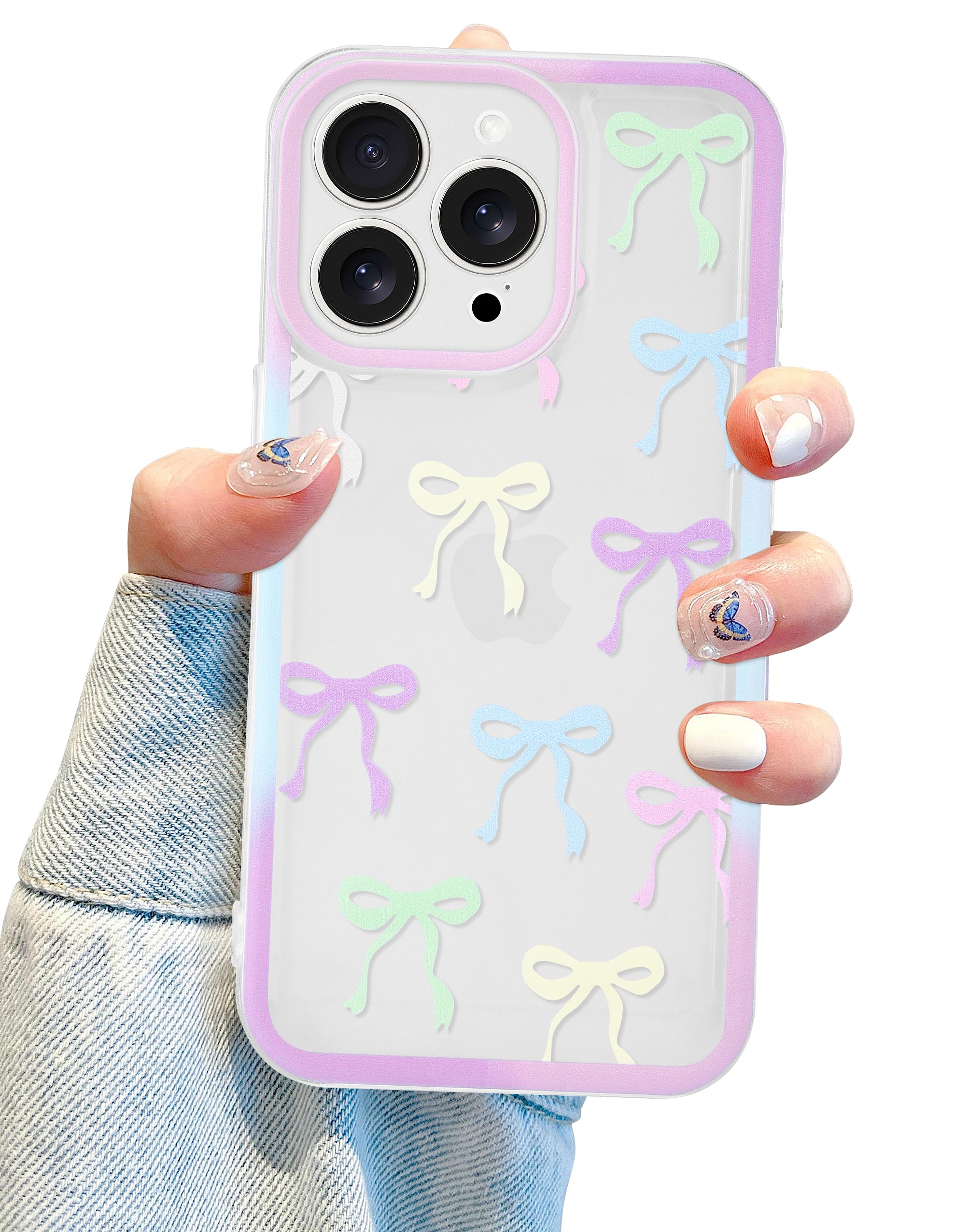 Photo 1 of Jusy Compatible with iPhone 15 Pro Max Bow Phone Case, Cute Clear Ribbon Bowknot Pattern Aesthetic Soft TPU Transparent Cases - Colorful