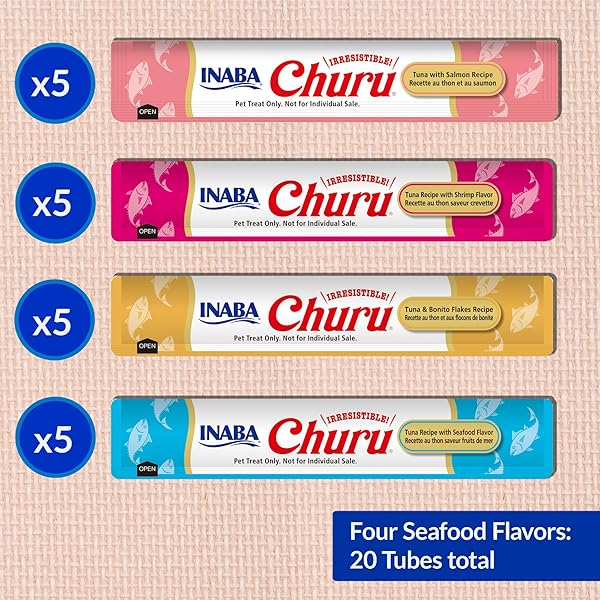INABA CHURU CAT TREATS, LICKABLE, SQUEEZABLE CREAMY PURÉE CAT TREAT WITH GREEN TEA EXTRACT & TAURINE, 0.5 OUNCES EACH TUBE, 20 TUBES, SEAFOOD VARIETY BOX