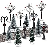 Aoriher 15 Pcs Christmas Figurine Village Accessories Miniature Pine Trees Snow Artificial Christmas Trees Cardinal Bare Branch Trees Streetlight Lamps Cobblestone Street Figurine for Xmas (Classic)