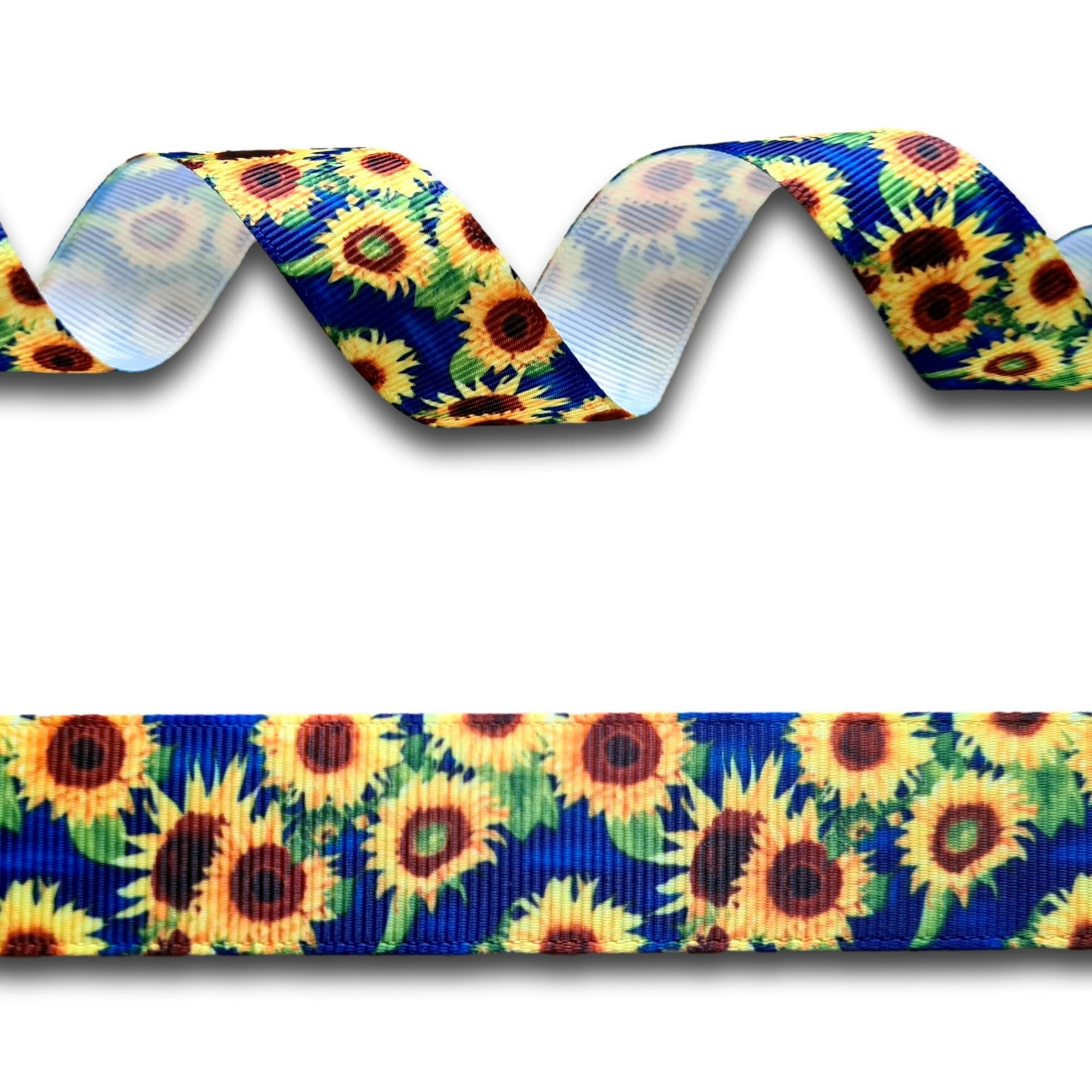 5 Yards (4.57 metres) Blue Yellow Sunflower Flower Floral Grosgrain Ribbon 22mm Wide, Ideal for Craft Projects, Scrapbooking, DIY Hair Bows, Present Wrapping etc.