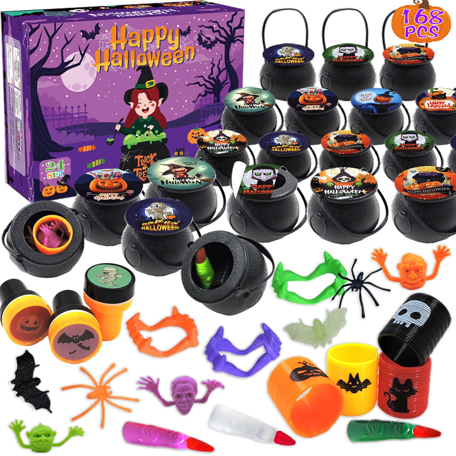 Photo 1 of 168 PCS Halloween Party Favors 24 Pack Prefilled Small Plastic Witch Cauldron Toys in Bulk Halloween Prizes Gifts Miniatures for Kids Trick or Treat,Halloween Miniatures Novelty Toys