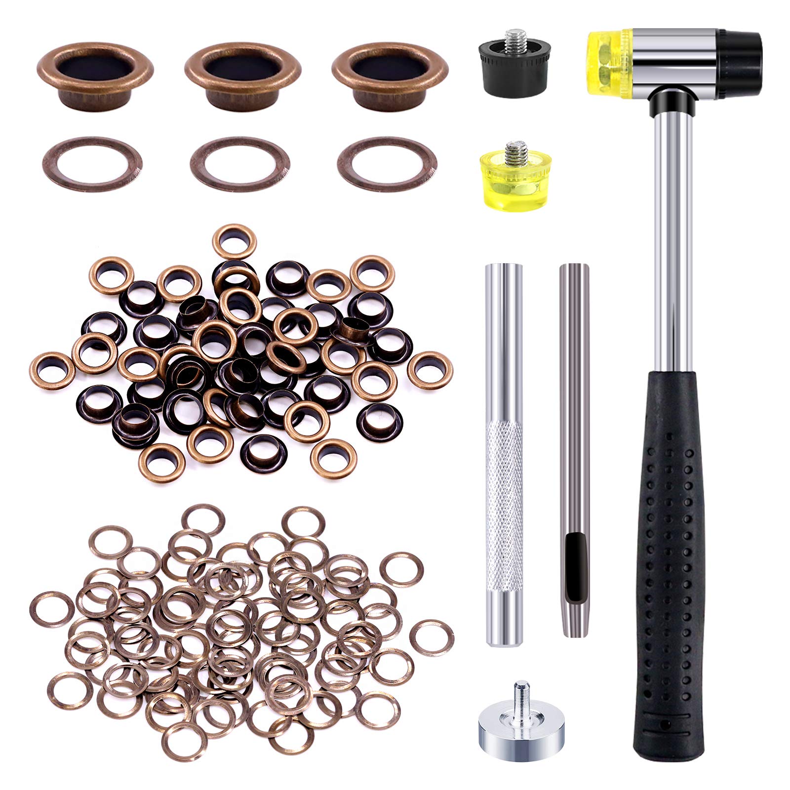 Rustark 200 Sets 1/4 Inch Bronze Grommet Assortment Kit with 4 Pcs Setting Install Tool, 6mm Metal Eyelets Set in Storage Box for Clothes Shoes Bag Paper Leather Crafts DIY Projects (Bronze)