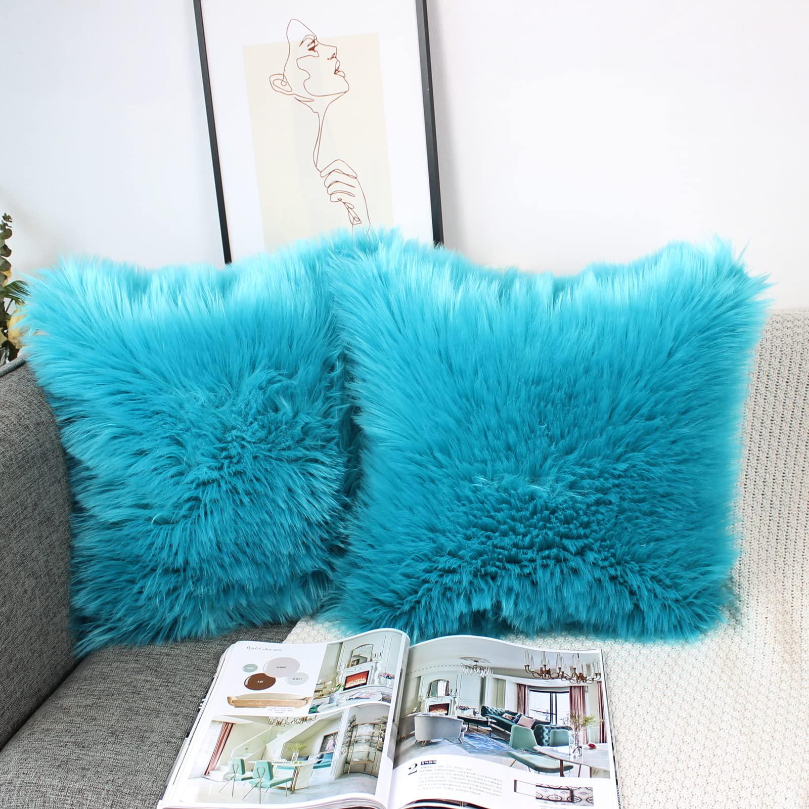 OYIMUA Teal 18x18 Cushion Covers Pack of 2 Fluffy Soft Faux Fur Square Pillowcases Autumn, Luxury Home Decorative Cozy Plush Pillow Covers Case 45 x 45 for Sofa Bed Living Room
