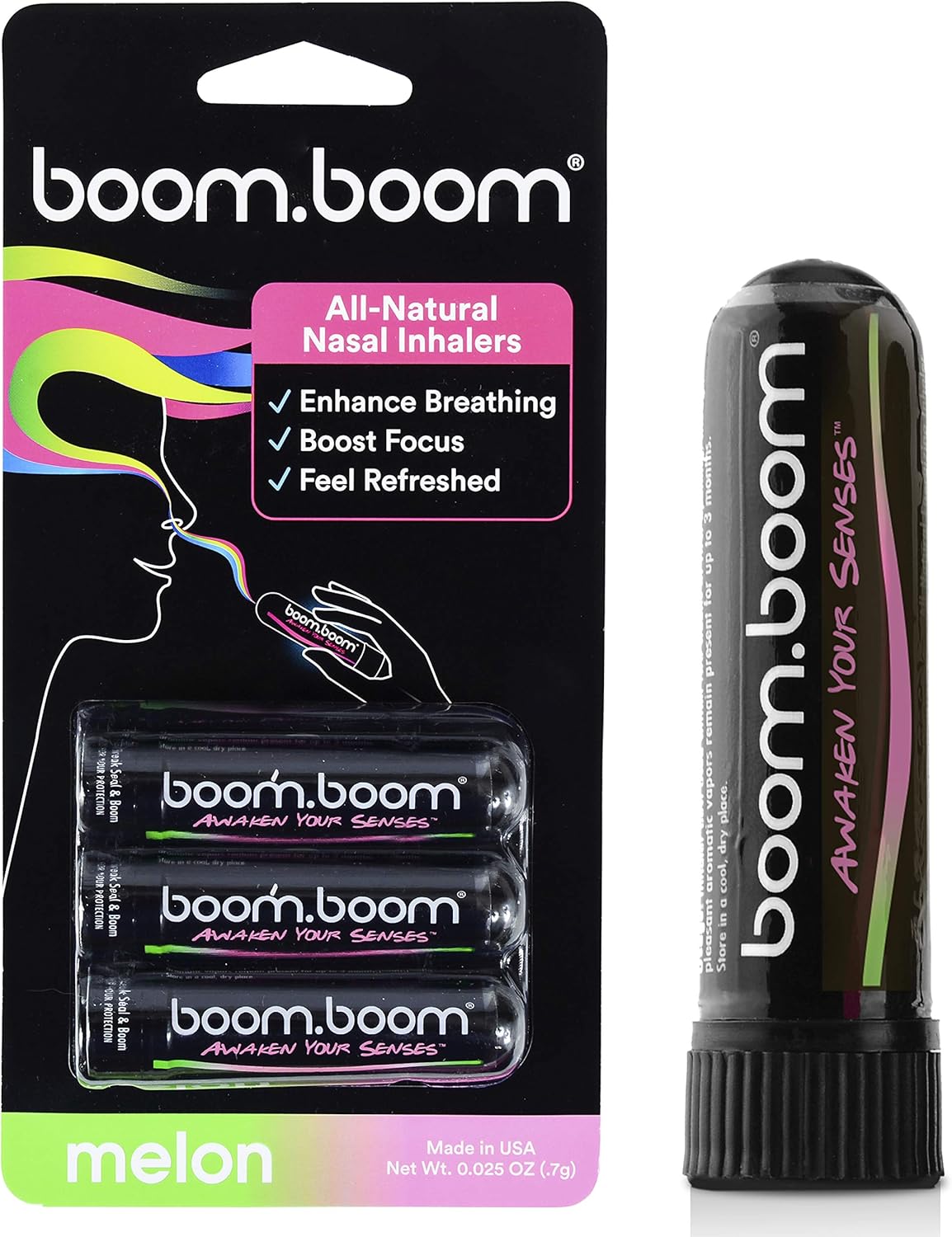 Aromatherapy Nasal Inhaler (3 Pack) by BoomBoom | Boosts Focus + Enhances Breathing | Provides Fresh Cooling Sensation | Made with Essential Oils + Menthol (Melon)