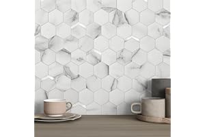 VAOVI Peel and Stick Backsplash Tile,Backsplash Tile for Kitchen Peel and Stick Wall Panels Hexagon Marble Tile(White Silver,