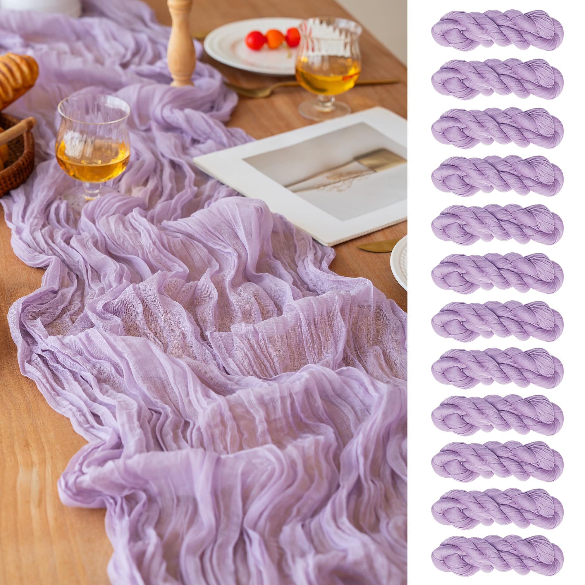 FEXIA 12 Pack Lilac Table Runner 35x120 Inches for Baby Shower Decoration Gauze Rustic Table Runner for Wedding Party First Communion Centerpiece Engagement Bridal Shower Boho Decoration Image