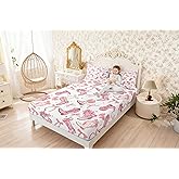 Manfei Cowgirl Bedding Set Full Size,Western Cowboy Boots Pink Bowknots Fitted Sheet(No Flat Sheet),Dreamy Fairy Tale Princess Starry Pink White Sheet Set for Kids Girls,2 Pillowcases