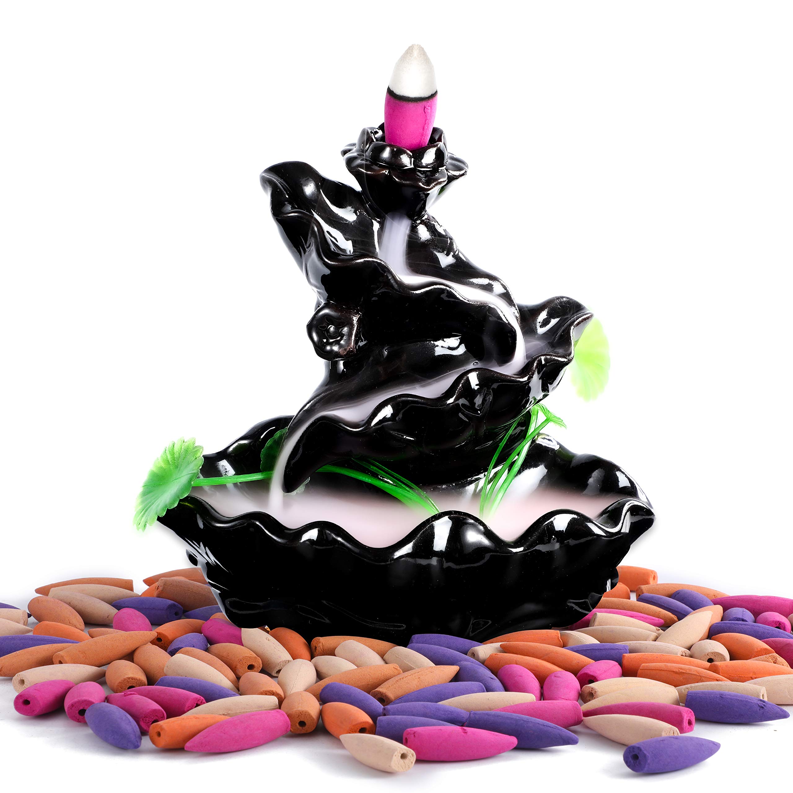 Waterfall Incense Burner Backflow Ceramic Incense Holder Incense Fountain with 120 Backflow Incense Cones for Home Decor Office Yoga Aromatcherapy Ornamen