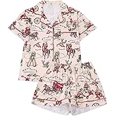 Milumia Women's 2 Piece Pajama Sets Graphic Button Down Short Sleeve Shirt Top and Shorts Pj Sets