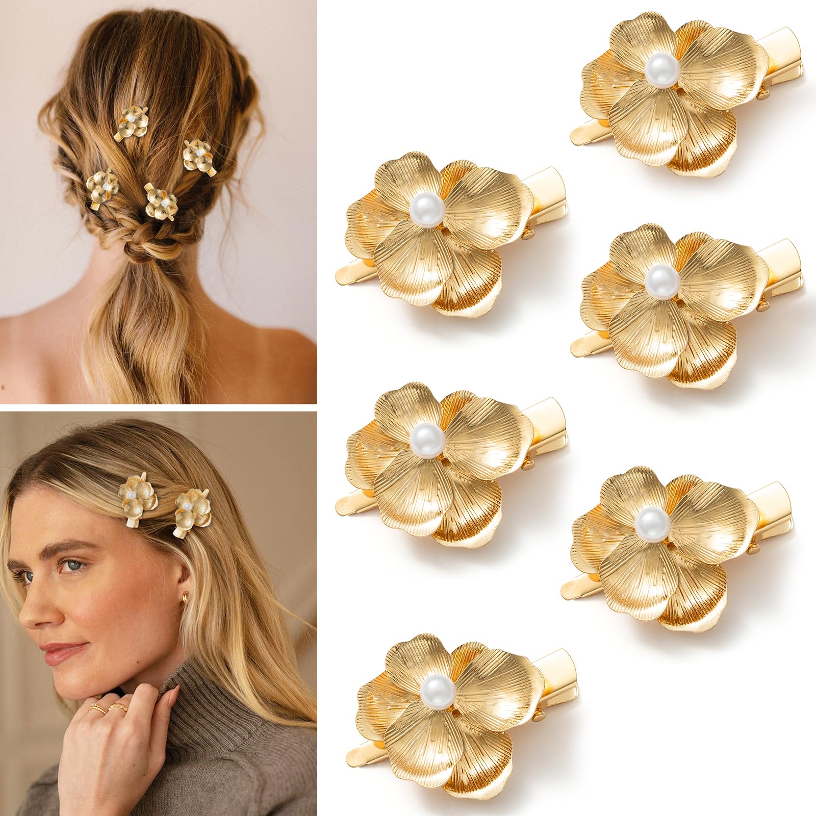 Photo 1 of 6 Pack Gold Flower Hair Clips for Girls, Small Hair Claw Clips with Pearl Accents, Metal Alligator Hair Barrettes Hair Clips for Styling - Gift Ready Floral Hair Accessories for Women