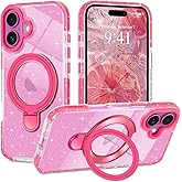 Micoden for iPhone 16 Plus Case, Compatible with Magsafe Built-in Kickstand Cute Glitter Sparkle Slim Clear Ring Stable Stand Shockproof Raised Camera Protection Phone Case for iPhone 16 Plus,Hot Pink