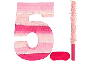 Birchio Pinks Number 5 Pinatas Bundle with a Blindfold and Bat(16.1 x 11 x 4 Inches), Perfect for Boys and Girls Birthday Party Supplies, Pink Theme Birthday Decoration (Pink Number 5)