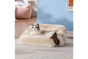 LE SURE Lesure Cute Cat Bed Indoor - Furry Cat Bed Large, Washable Calming Small Dog Beds for Puppy with Fashion Design, 26x21x9inches, Beige Stripe