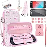 FIWWAT Switch 2 Case Carrying Case 18 in 1 for Nintendo Switch 2 Accessories Bundle with Switch Thumb Grips, Clear Protective Cover, Screen Protector Cover, Cute Pendant, Stand, Stylus,for Girls,Pink