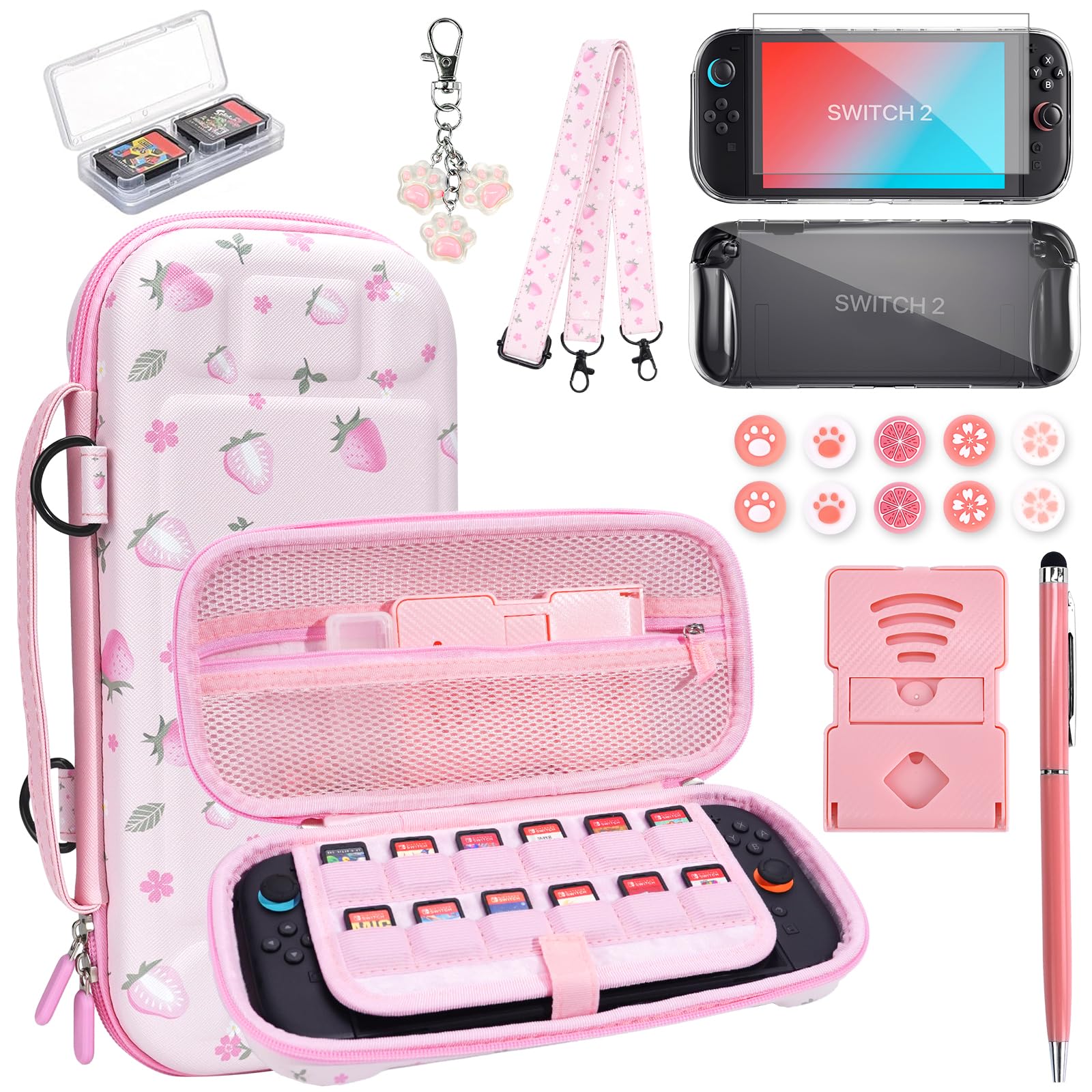 FIWWAT Switch 2 Case Carrying Case- 18 in 1 for Nintendo Switch 2 Accessories Bundle with Clear Protective Case, Screen Protector Cover, Thumb Grips, Pendant, Stand, Stylus, Essential Travel Set, Pink