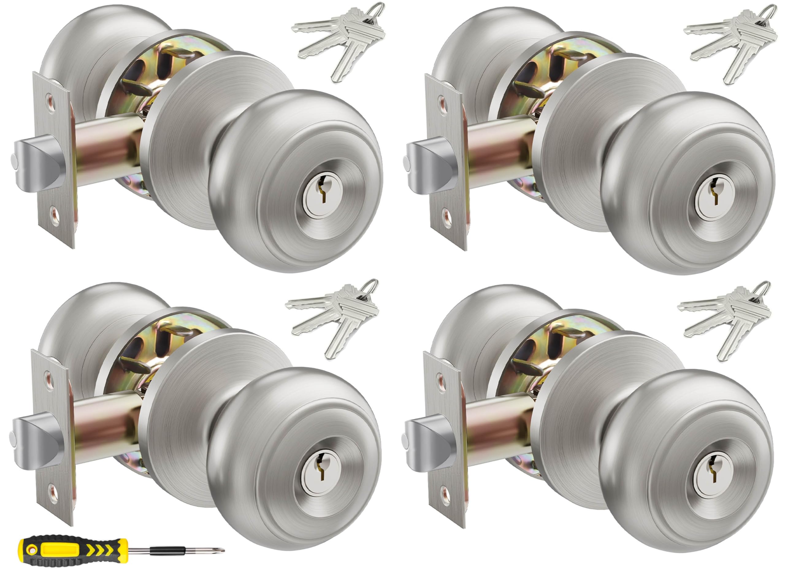 Photo 1 of 4 Pack Keyed Entry Door Knob Set, All Keyed Same Exterior and Interior Stainless Steel Door Locks, Satin Nickel Front/Entrance Door Knobs Handle