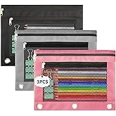 Pencil Pouch for 3 Ring Binder - 3 Pack Zippered Pencil Pouches with Transparent Mesh Window| Binder Pouch with Smooth Zippers| Zippered Pencil Bag for School Office Students, Black+Grey+Pink