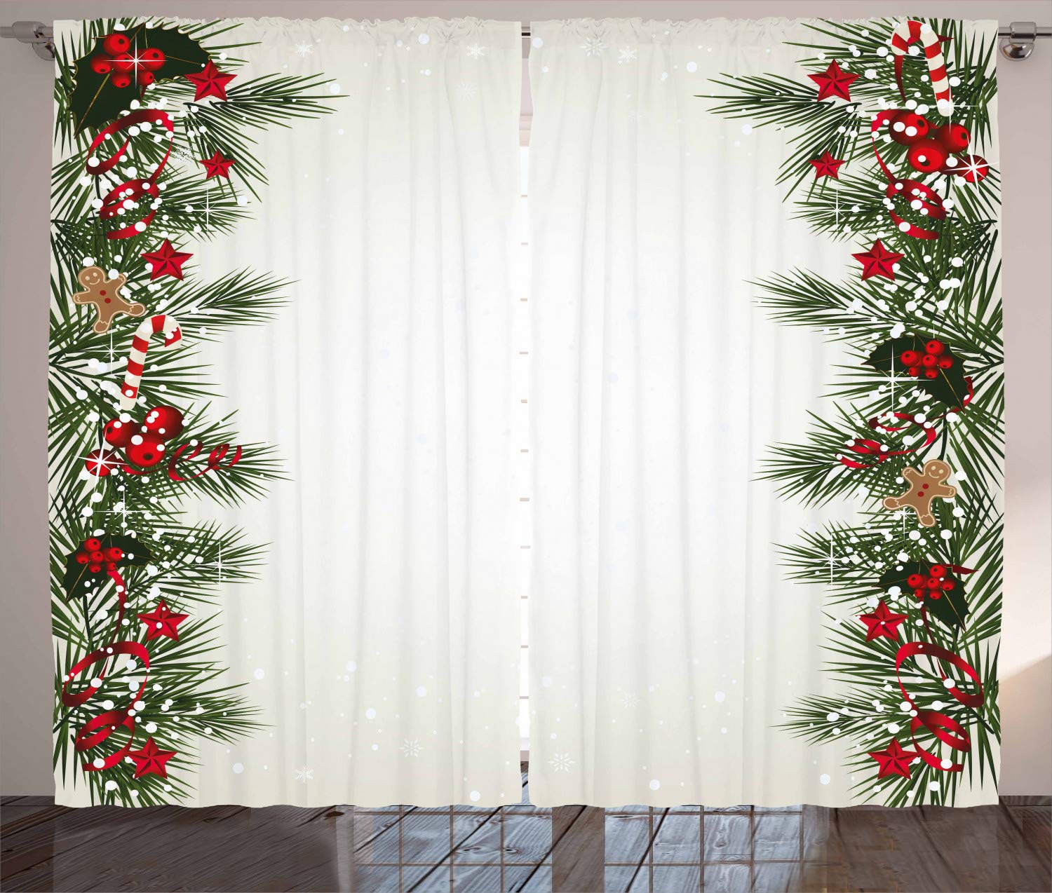 ABAKUHAUS Christmas Curtains, New Year's Eve Tree Branch Border with Berry Ribbons Gingerbread Man, Living Room Bedroom Window Drapes 2 Panel Set, 280 x 175 cm, Red Green