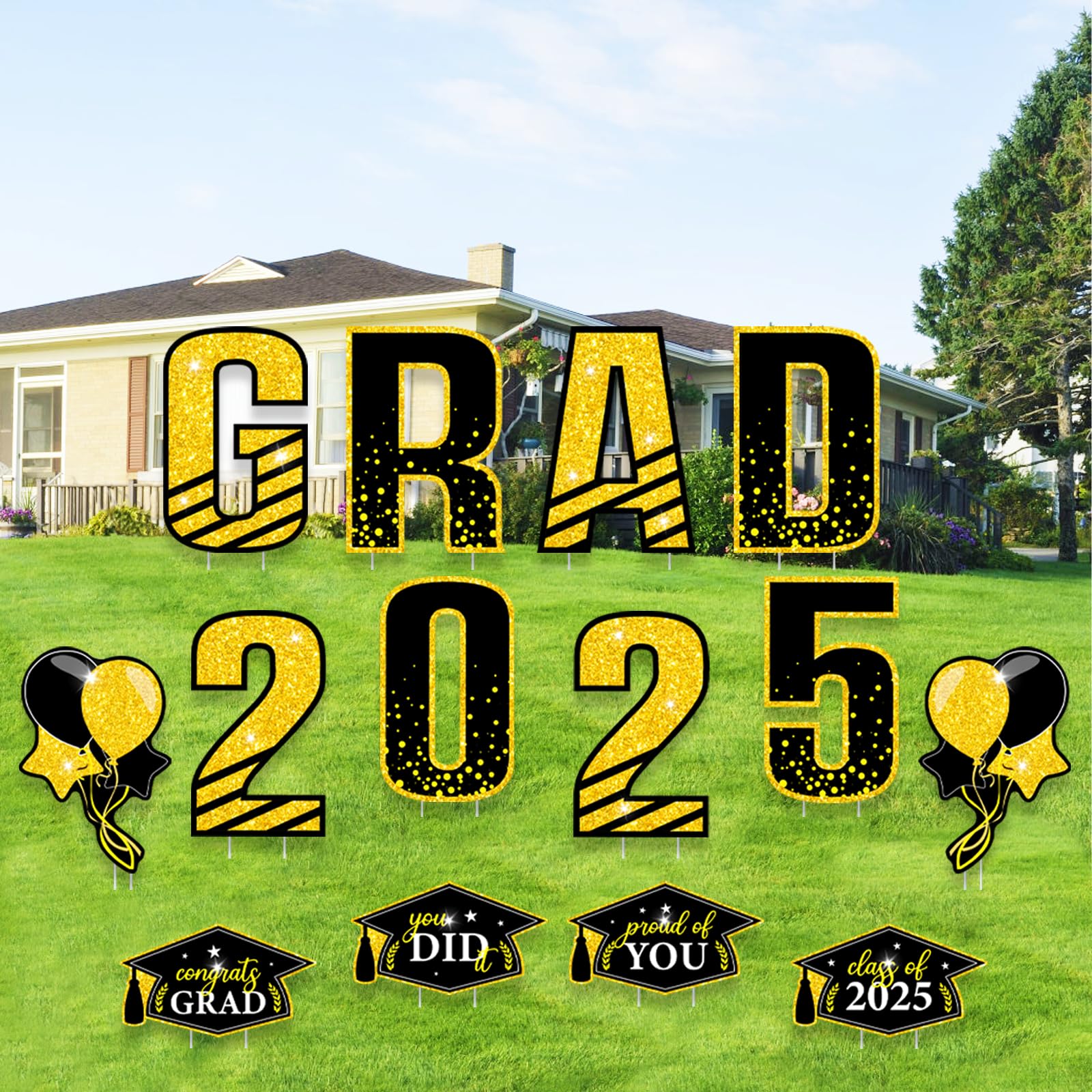 Photo 1 of 14 Pcs Graduation Yard Signs with 28 Stakes, Congrats Grad Lawn Signs Class of 2025, Garden Congratulations Decorations for College High School Outdoor Party (Black, Gold)