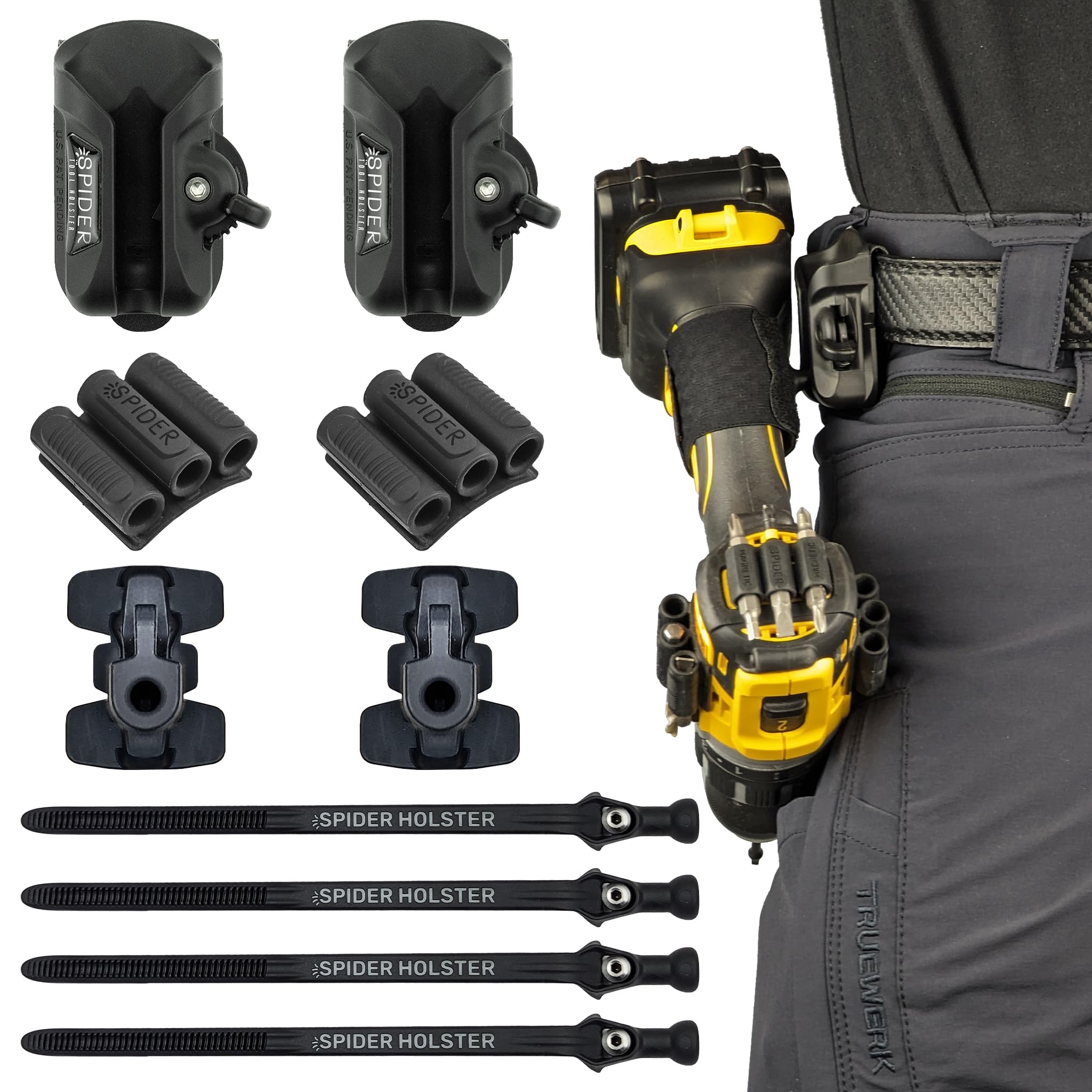 Spider Tool Holster - Quad Tool Kit - Adhesive Tool Tabs + BitGrippers + Self locking, quick draw Belt Holster Clip for carrying a power drill, driver, hammer, tape measure, pneumatic, light and more!