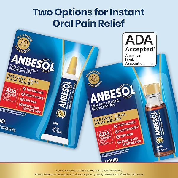 ANBESOL MAXIMUM STRENGTH GEL – INSTANT ORAL PAIN RELIEF, FOR TOOTHACHES, GUMS, BRACES, & DENTURE PAIN, AND MOUTH SORES*, CANKER SORE TREATMENT INSIDE MOUTH, ADA ACCEPTED, 0.33 OZ