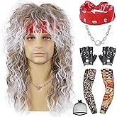 Tereshar 7pcs Set 80s Long Curly Wig Mens Mullet Rocker Costume Wig 70s 80s 90s Outfits Party Halloween Cosplay Funny Crazy Wigs (Brown Gradient White)