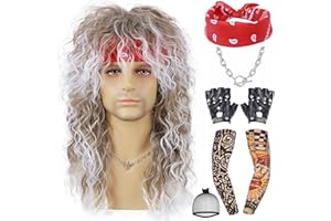 Tereshar 7pcs Set 80s Long Curly Wig Mens Mullet Rocker Costume Wig 70s 80s 90s Outfits Party Halloween Cosplay Funny Crazy Wigs (Brown Gradient White)
