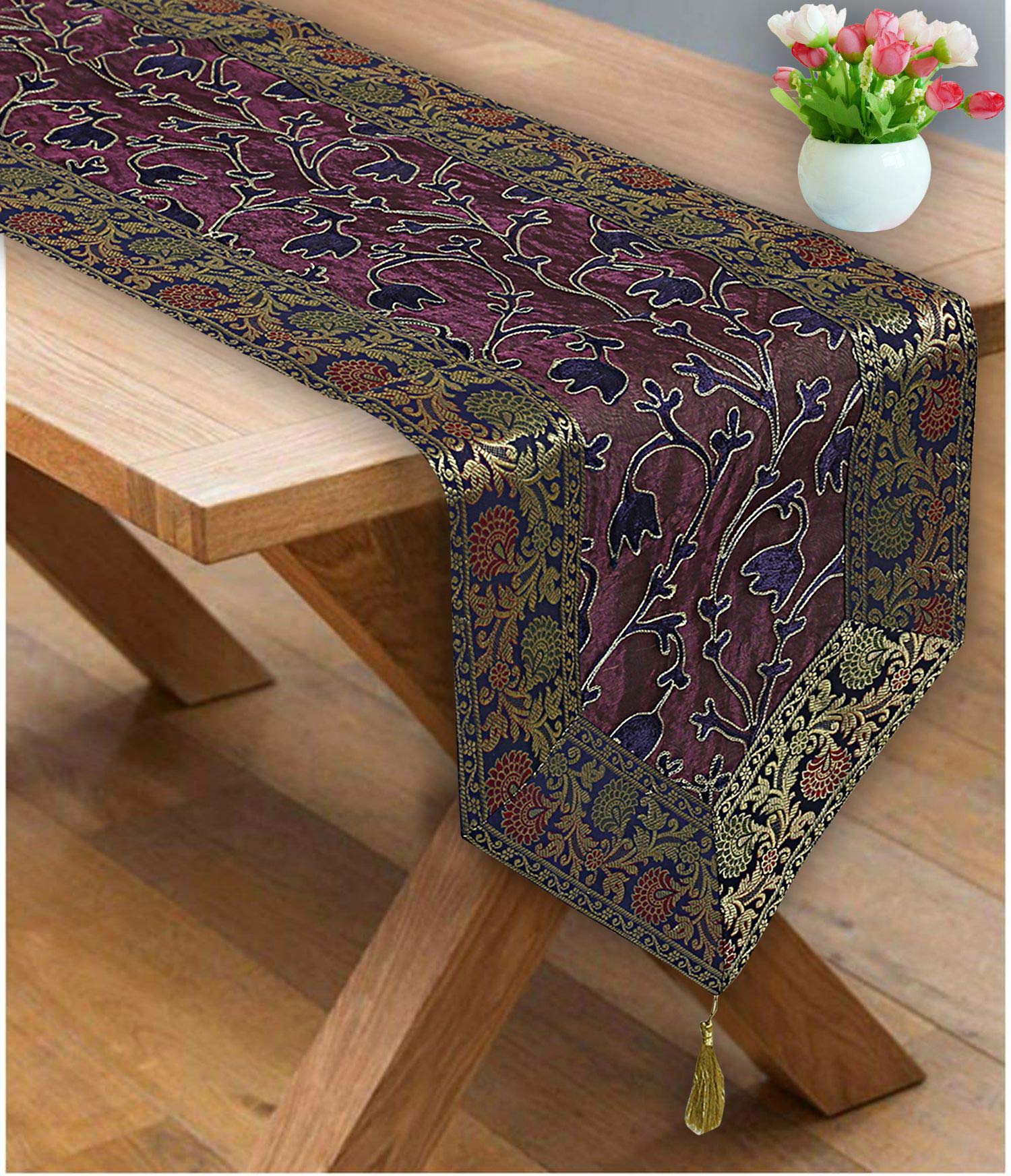 Stylo Culture Indian Center Table Runner Zari Embroidered Tassels Embellished Holiday Long 72 Inch Blue Purple Bohemian Brocade Jacquard Bordered 6 ft Decorative Placemat Ethnic Wedding Party Decor