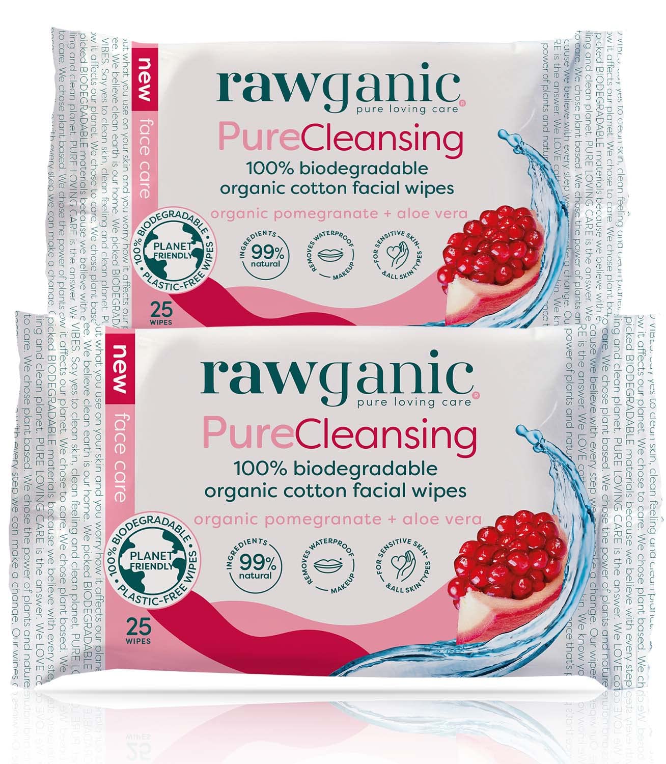 RAWGANIC Pure Cleansing Anti-aging Facial Wipes with Pomegranate and Aloe Vera | Gentle Hydrating Biodegradable Makeup Removal Wipes | Organic Cotton Face Wipes | 2 Packs (50 wipes in total)