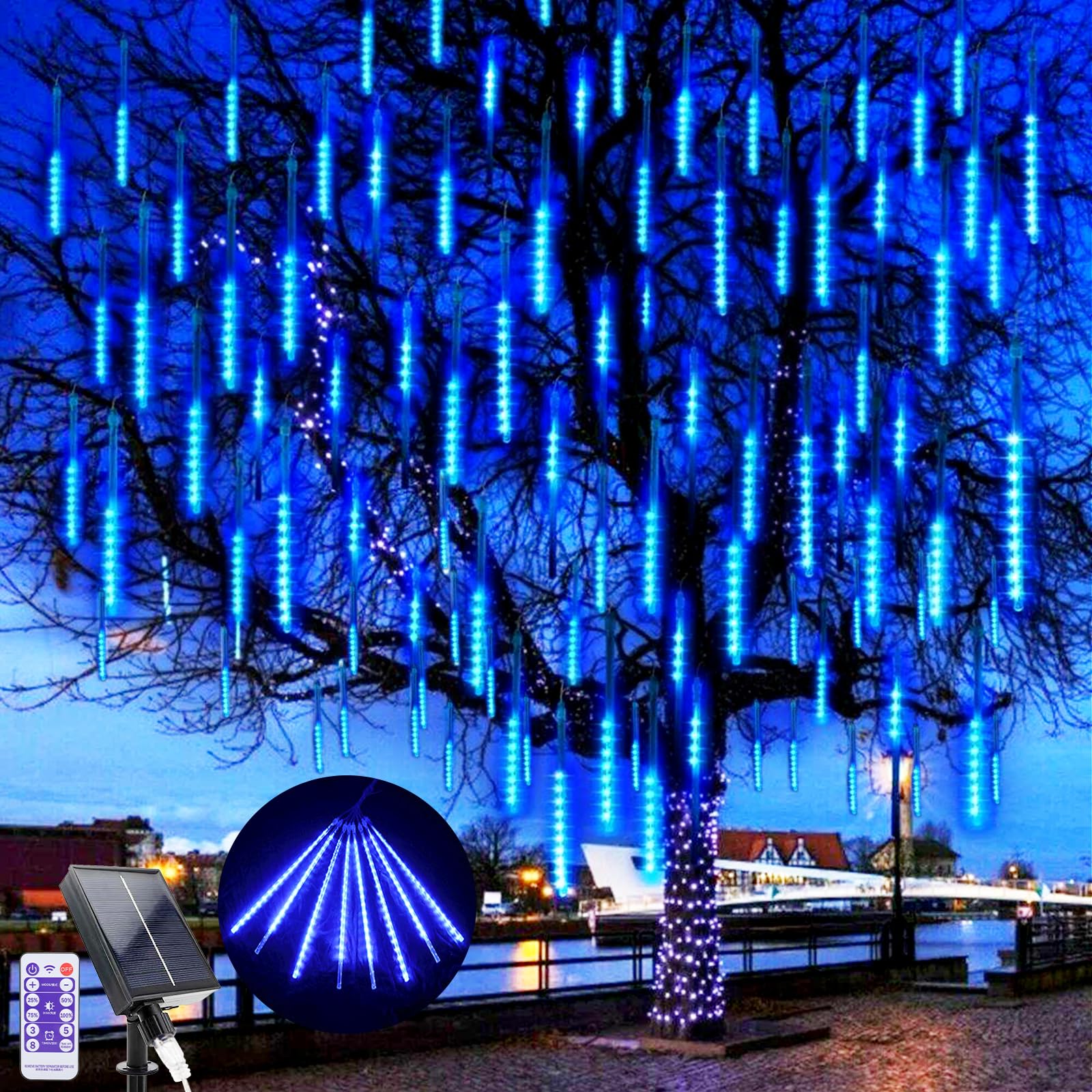 GHONLZIN LED Solar Falling Christmas Lights, 240 LEDs Meteor Shower Rain Lighting, 10 Tubes 30cm Waterproof Christmas Lights for Xmas Tree Wedding Decoration (Blue)