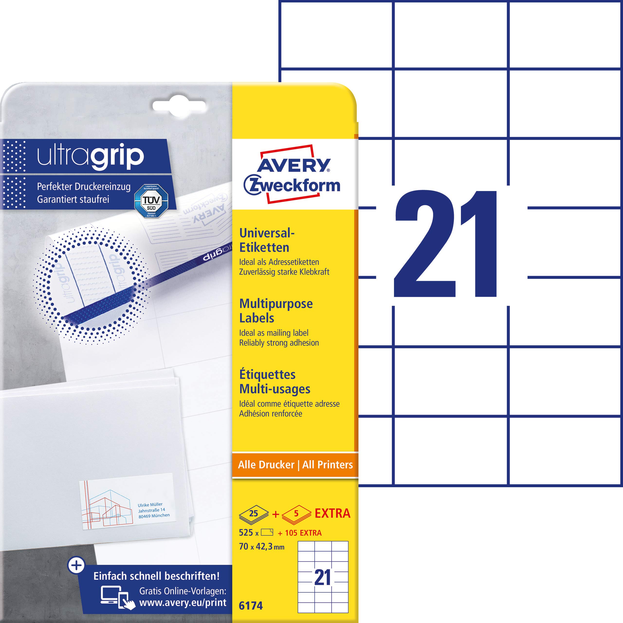 Avery Zweckform 6174 Universal Postage Labels for Deutsche Post Internetmarke Service 70 x 42.3 mm Pack of 25 Sheets with 525 Labels White