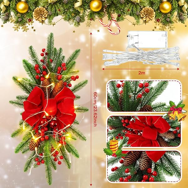 HIBOOM 3 PACK ARTIFICIAL CHRISTMAS TEARDROP SWAGS 24″ XMAS CORDLESS PRELIT STAIRWAY SWAG CHRISTMAS GARLAND STAIRS RAILS DECORATION WITH LED LIGHTS FOR INDOOR OUTDOOR(RED,CLASSIC STYLE)