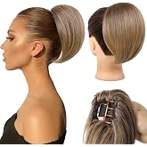 REECHO Ponytail Extension, 8" Short Mini Claw Clip Pony Tail Hair Extensions Natural Soft Feather-Light Tension-Free Ponytail Hairpiece for Women - Light Brown with Golden Ends
