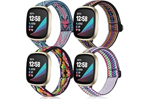 POHNUI 4 Pack Stretchy Bands Compatible with Fitbit Versa 3/Fitbit Versa 4/Fitbit Sense 2/Fitbit Sense Bands Women Men, Adjustable Elastic Breathable Loop Nylon Replacement Straps for Fitbit Sense & Versa 3