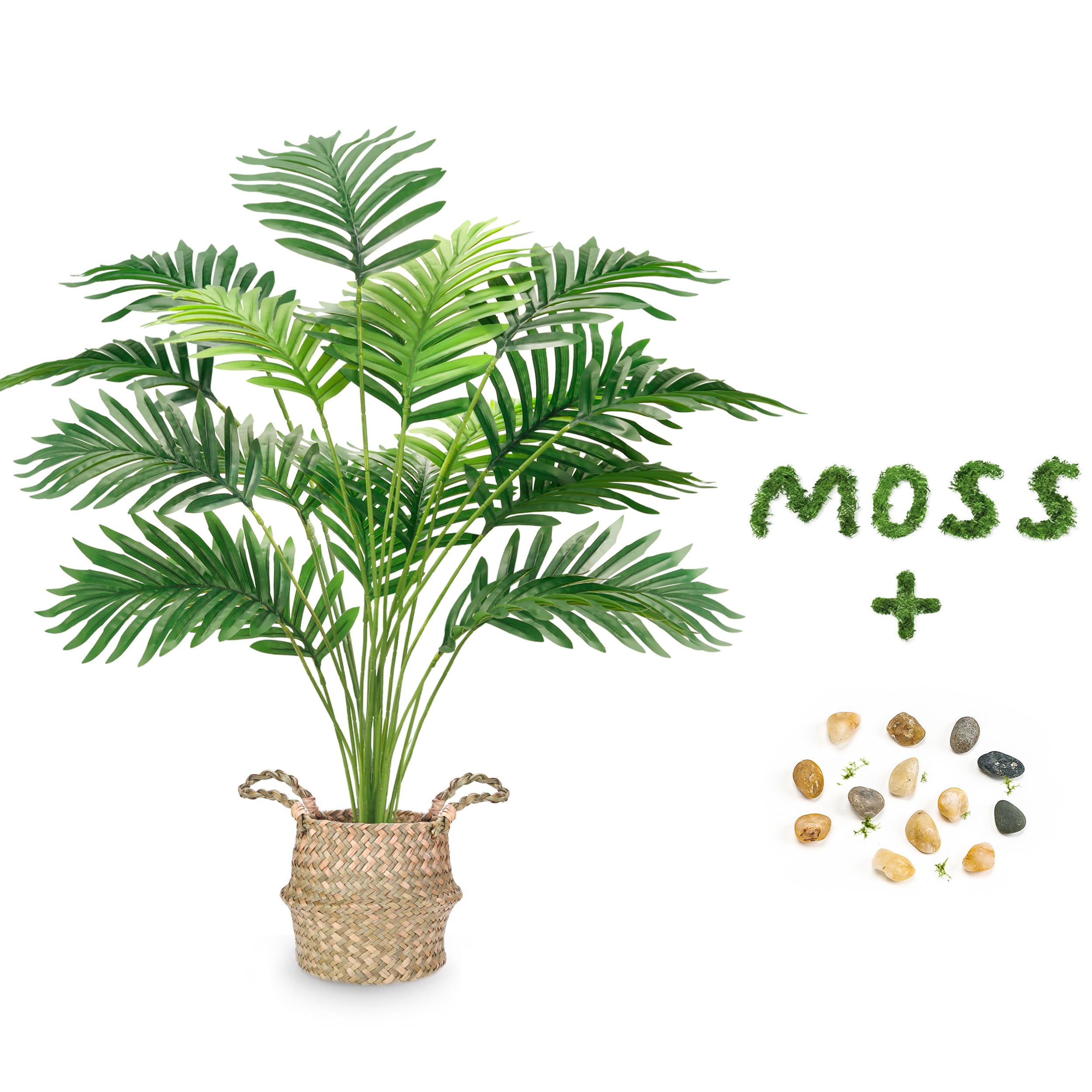Photo 1 of Der Rose Fake Palm Tree 28Inch Tall Fake Plant Potted Faux Areca Artificial Tree with Hand-Woven Baskets with Handles for Indoor Outdoor Home Office Bedroom Porch Balcony Decor