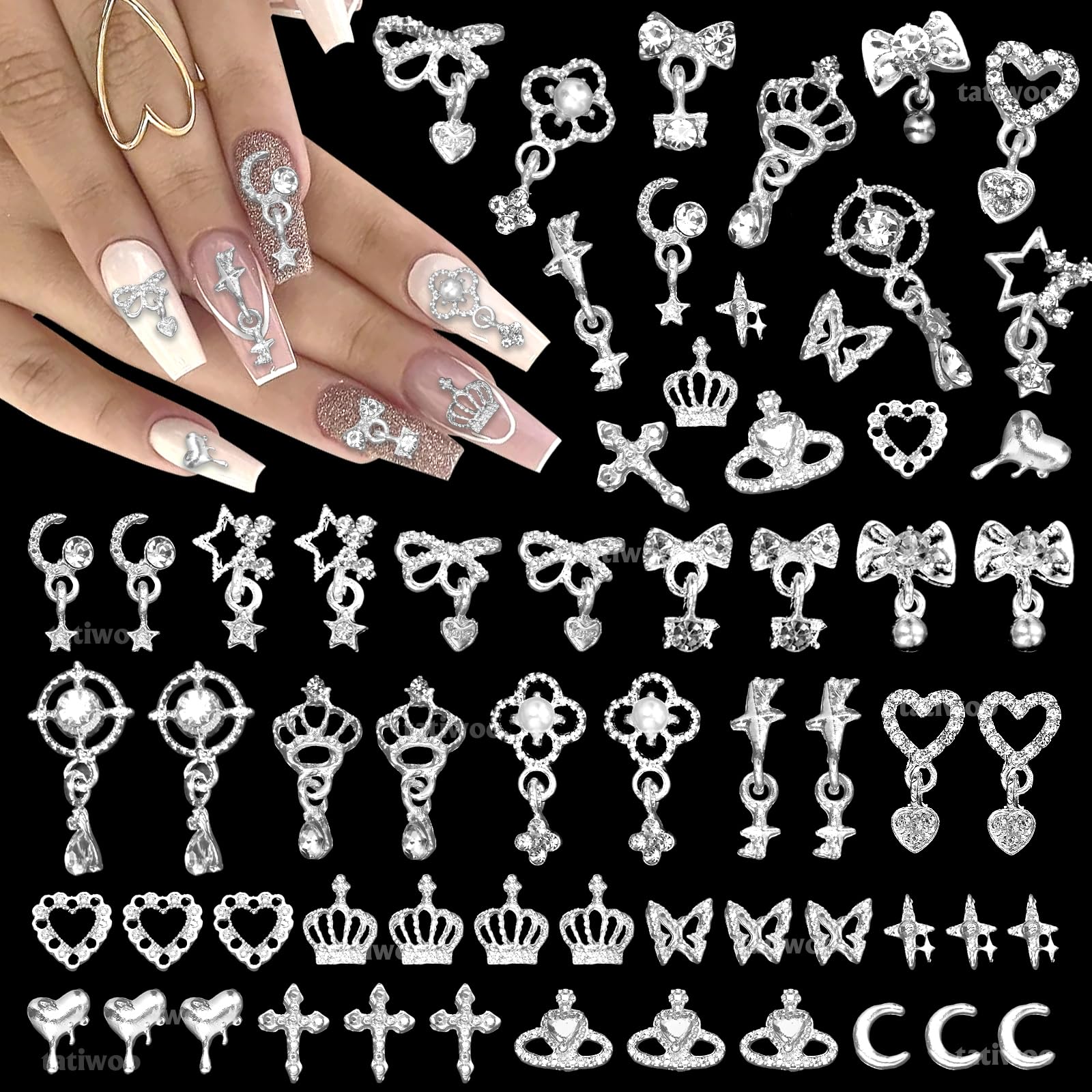 Photo 1 of 100 Pcs Silver Nail Charms and Gems, Silver Dangle Star Bows Nail Gems Charms, Metal Crown Heart Butterfly Charms for Acrylic Nail Art Alloy Cross Nail Charms for Women DIY Accessories