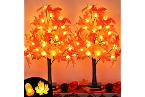 ENVOTEK 2 Pack 24 Inch Artificial Lighted Fall Maple Tree Thanksgiving Decorations with 48 LEDs Battery Operated Timer Prelit Acorn Maple Tree Lights for Thanksgiving Table Decor Home Indoor Autumn Harvest