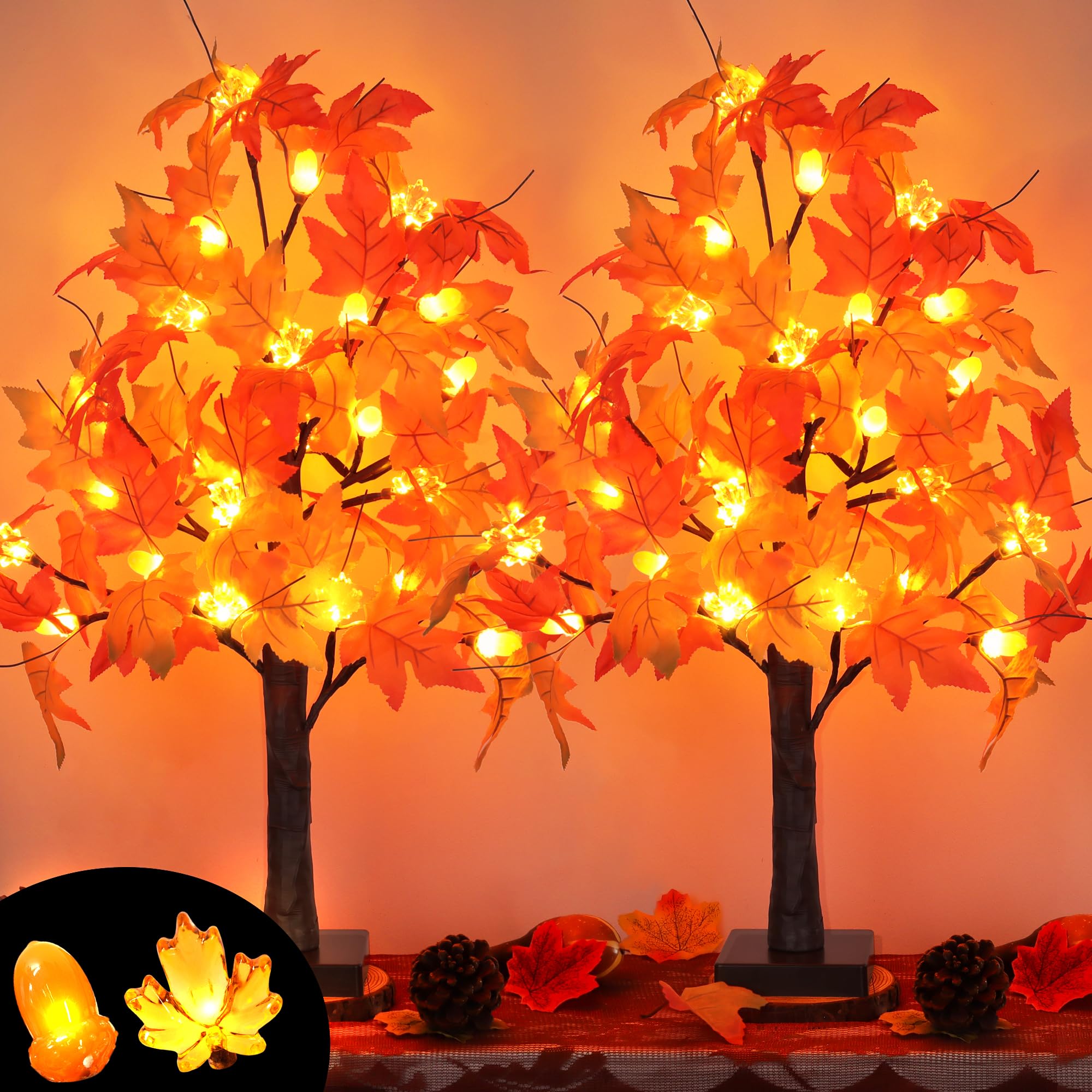 Photo 1 of 2 Pack 24 Inch Artificial Lighted Maple Tree with 48 LEDs Timer Fall Thanksgiving Decorations Battery Operated Prelit Maple Tree Table Lights for Thanksgiving Decor Home Indoor Autumn Harvest