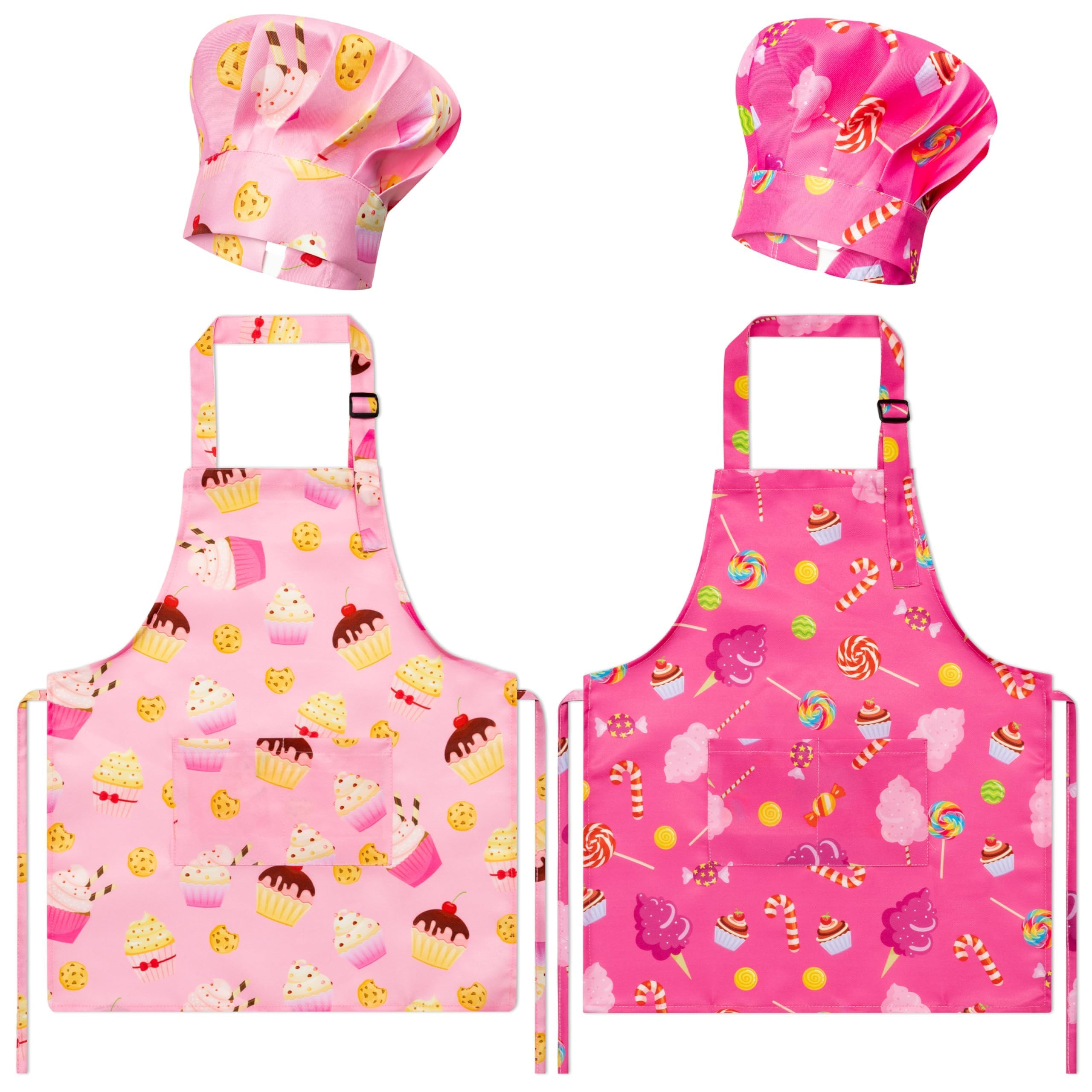 GROBRO7 4Pcs Kids Apron and Chef Hat Set Gift for Girls Boys, Cookie Cupcake Candy Prints Kitchen Pretend Play Child Pink Adjustable Aprons with 2 Pockets Waterproof Smocks for Baking Cooking Painting