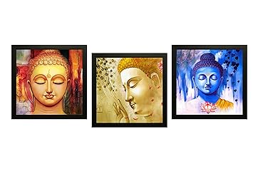 SAF UV Textured 'Buddha ' Print Framed Painting Set of 3 for Home Decoration 12 Inch X 12 Inch Painting SANF100001