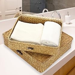 Hipiwe Set of 2 Flat Woven Wicker Storage Bins with