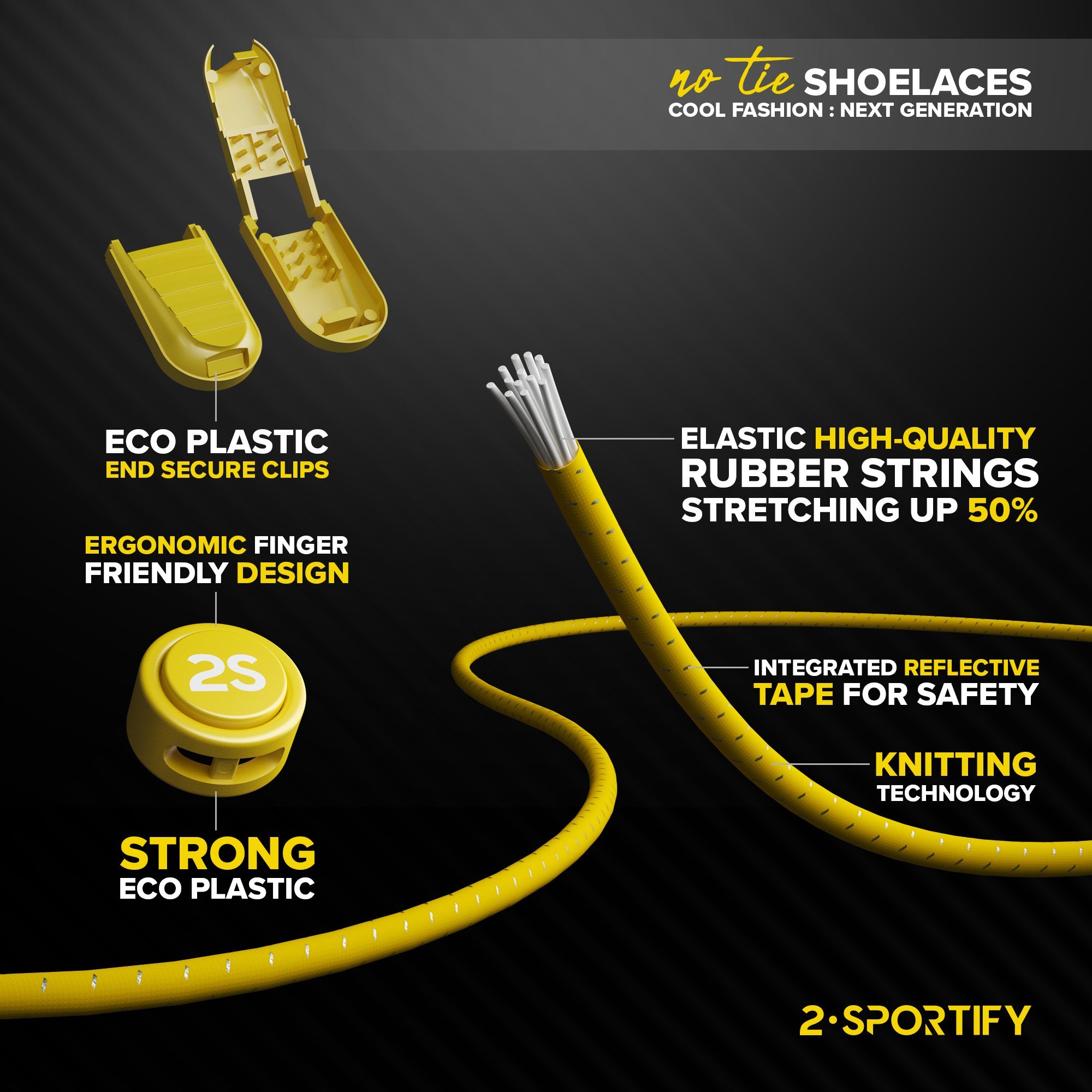 2SPORTIFY No Tie Shoelaces for Kids and Adults - Tieless Elastic Shoe lace for Sneakers with Lock - Round Shoe Laces (2 Pack) (Black-Black)