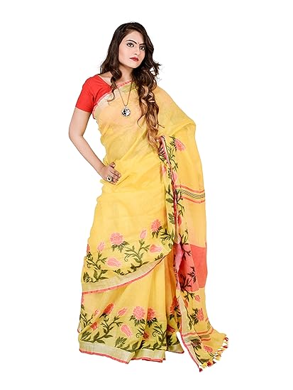 Womens Linen Floral Thread Work Saree Jacquard with Blouse Piece (Yellow, 6.3 m)