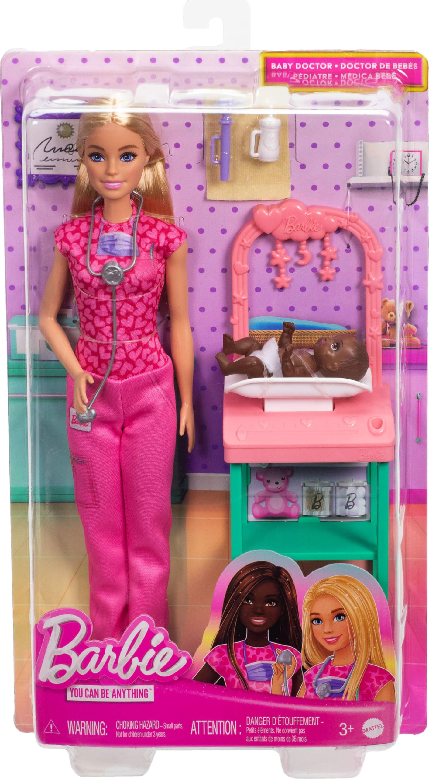 Barbie Baby Doctor with Blonde Fashion Doll Wearing Pink Scrubs, 1 Baby Doll with Accessories & Furniture