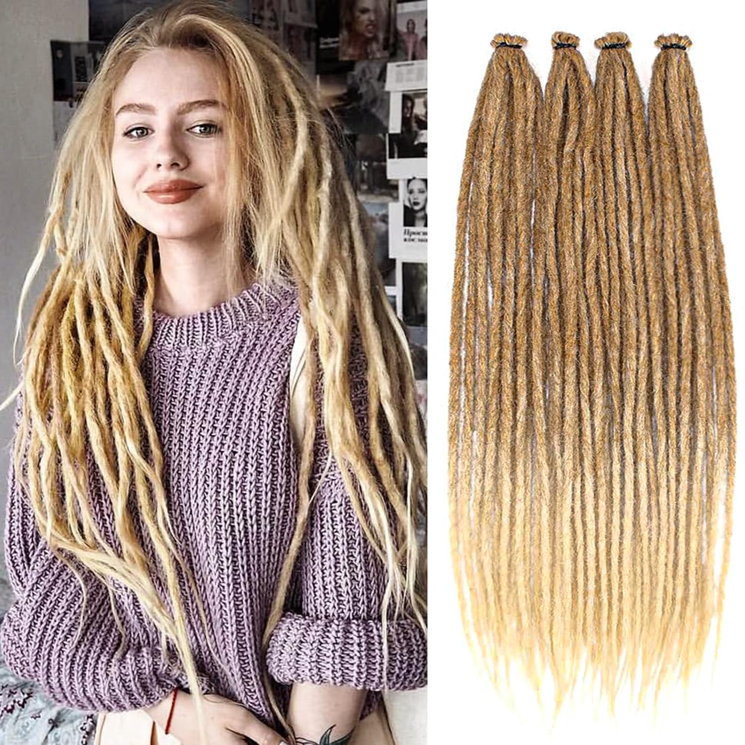PORSMEER 20 Strands/Pack Blonde Synthetic Dreadlocks Extensions,Handmade Hippie Dreadlock 0.6 Width Soft Dreads Hair Reggae Style Locs Crochet Braiding Hair for Women or Mens,18 inch