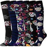 Jamntower 6 Pairs Sugar Skull Gifts for Women Men Skeleton Knee High Cotton Socks Christmas Colorful Calaveras Gift for Sugar Skull Lovers