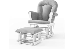 Child Craft Cozy Glider Rocker and Ottoman Set, Padded Cushion with Convenient Storage Pockets, Solid Wood Base & Frame (Matte White with Light Gray Cushion)