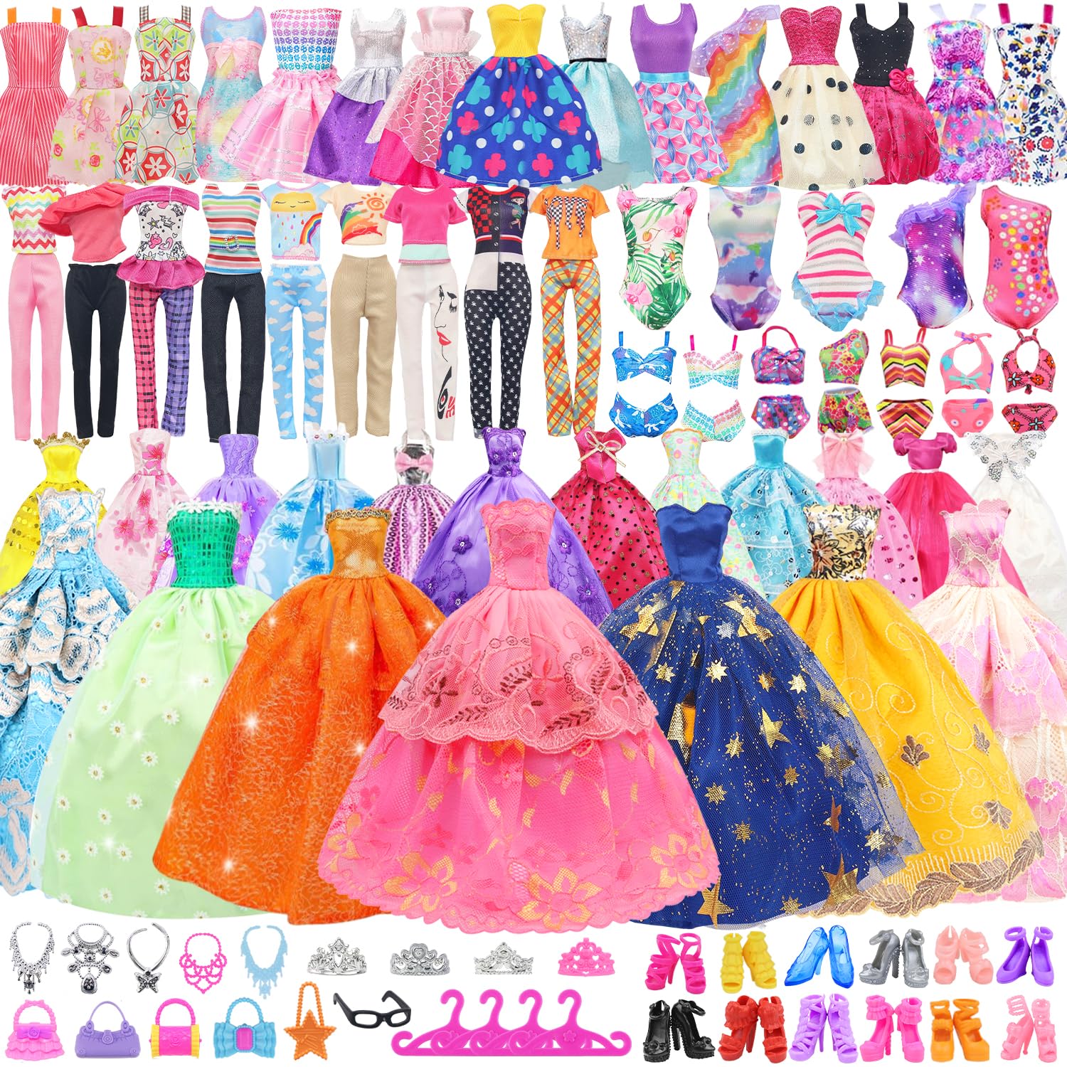ZITA ELEMENT 101 Pcs Doll Clothes and Accessories Ramdom Style Gift Box Package, 5 Wedding Gowns 2 Fashion Dresses 2 Casual Outfit 2 Swimsuits 67 Accessories for 11.5 inch Doll Clothes for Age 3-10