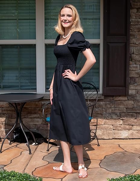 WOMEN’S SUMMER CASUAL PUFF SLEEVE DRESS SQUARE NECK SMOCKED OFF SHOULDER BOHO SIDE SPLIT MIDI DRESSES